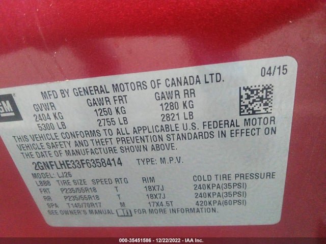 2015 CHEVROLET EQUINOX LTZ VIN: 2GNFLHE33F6358414