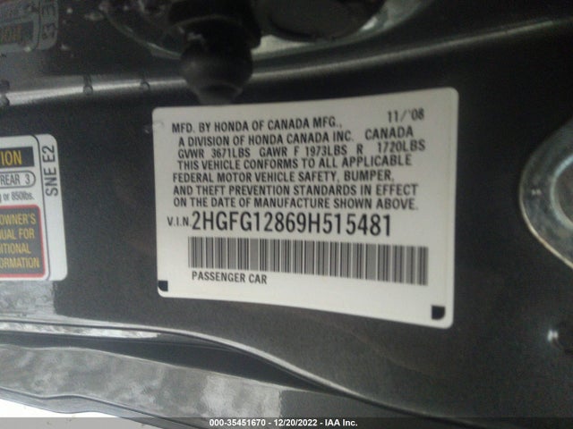 2009 HONDA CIVIC CPE EX VIN: 2HGFG12869H515481