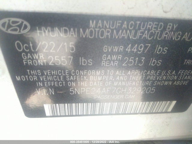 2016 HYUNDAI SONATA 2.4L SE VIN: 5NPE24AF7GH329205