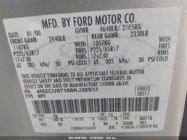 2008 MERCURY MARINER PREMIER VIN: 4M2CU97168KJ38933
