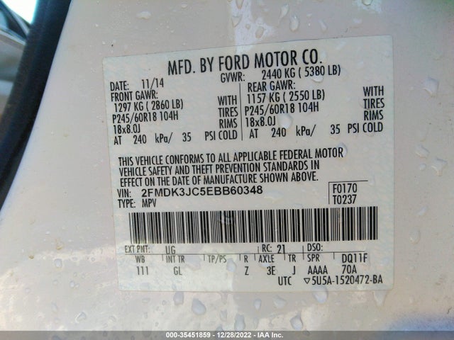 2014 FORD EDGE SEL VIN: 2FMDK3JC5EBB60348