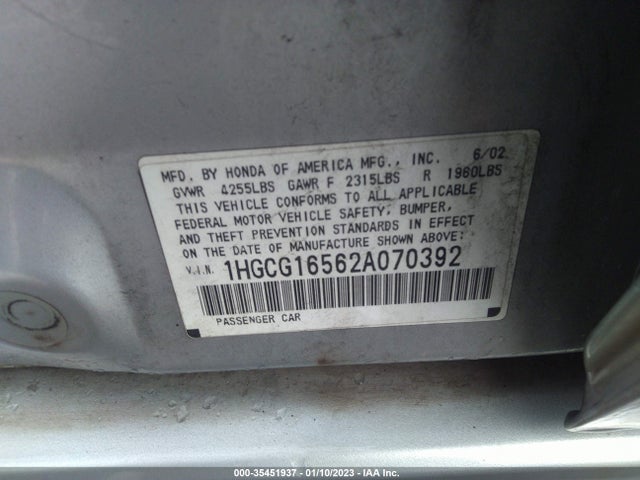 2002 HONDA ACCORD SDN EX W/LEATHER VIN: 1HGCG16562A070392