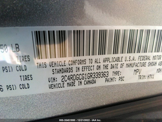 2016 DODGE GRAND CARAVAN SXT VIN: 2C4RDGCG1GR339363