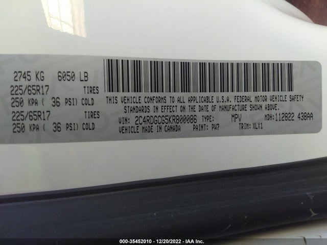 2019 Dodge Grand Caravan, VIN: 2C4RDGCG5KR800086