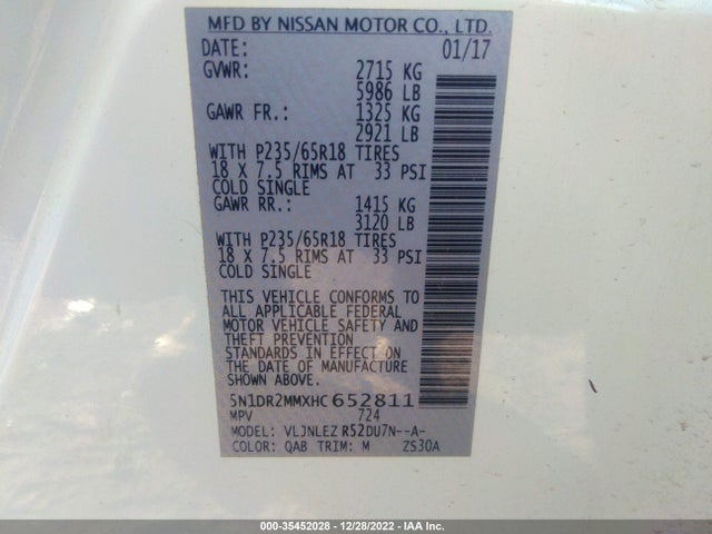 2017 NISSAN PATHFINDER SV VIN: 5N1DR2MMXHC652811