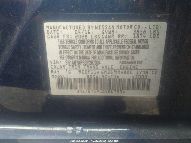 Nissan Sentra Sr/sl/s/sv/fe+ S 2016 3N1AB7AP6GY267004 Image 10