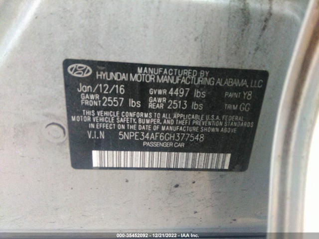 2016 HYUNDAI SONATA 2.4L SPORT VIN: 5NPE34AF6GH377548