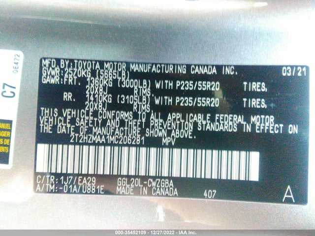 2021 Lexus RX, VIN: 2T2HZMAA1MC206281