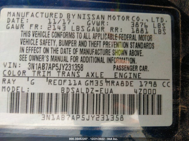 2018 Nissan Sentra, VIN: 3N1AB7AP5JY231358