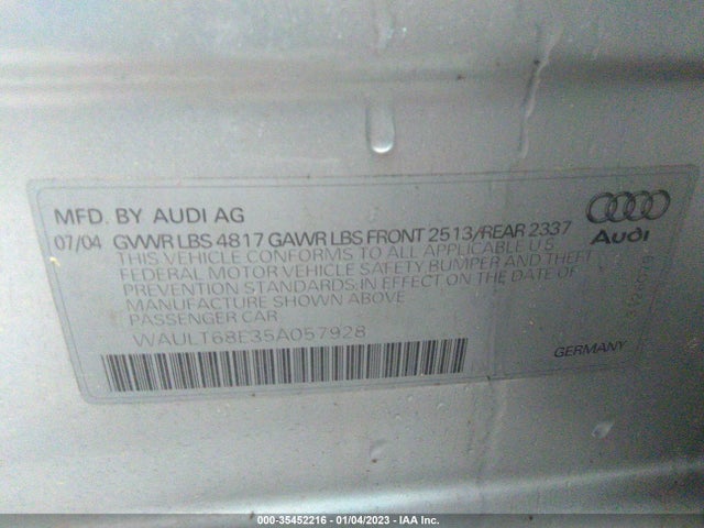 2005 AUDI A4 3.0L VIN: WAULT68E35A057928