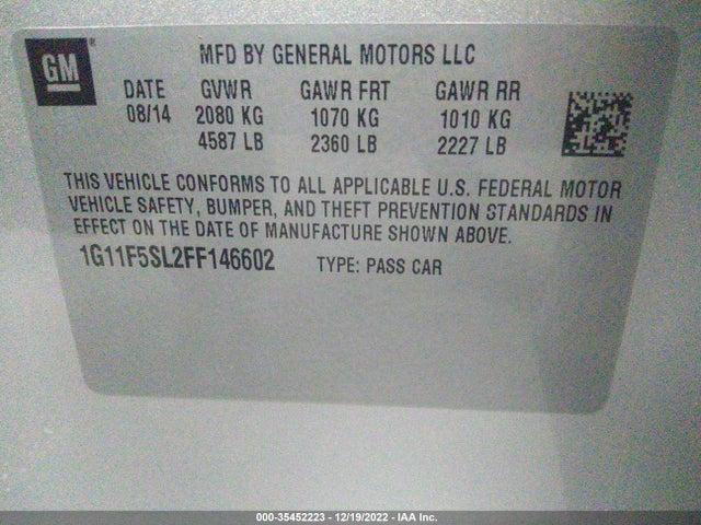 2015 CHEVROLET MALIBU LTZ VIN: 1G11F5SL2FF146602