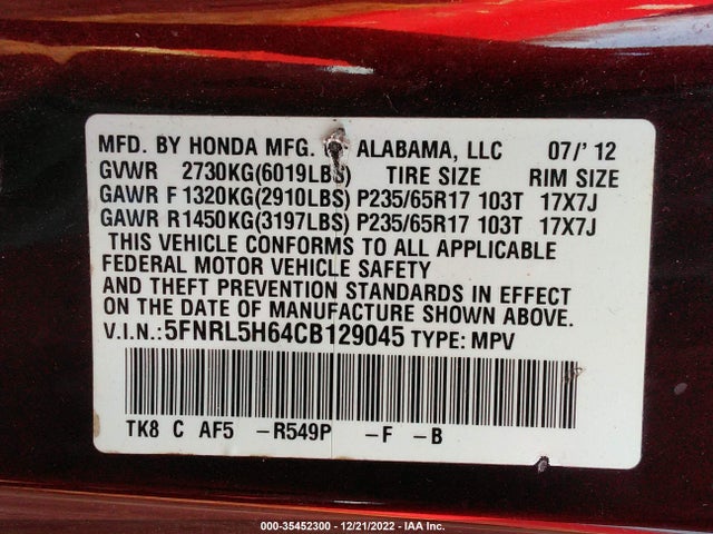 2012 HONDA ODYSSEY EX-L VIN: 5FNRL5H64CB129045