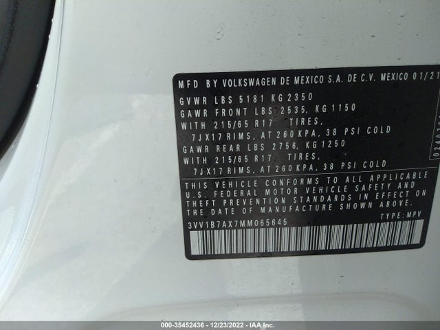 2021 VOLKSWAGEN TIGUAN S VIN: 3VV1B7AX7MM065645