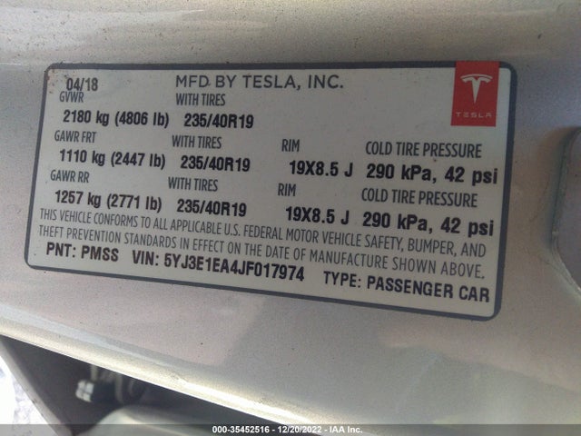 Tesla Model 3 Range Battery 2018 5YJ3E1EA4JF017974 Image 9