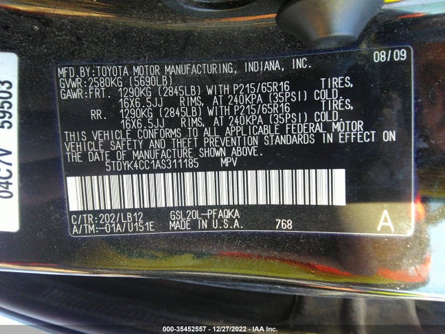 2010 TOYOTA SIENNA XLE VIN: 5TDYK4CC1AS311185