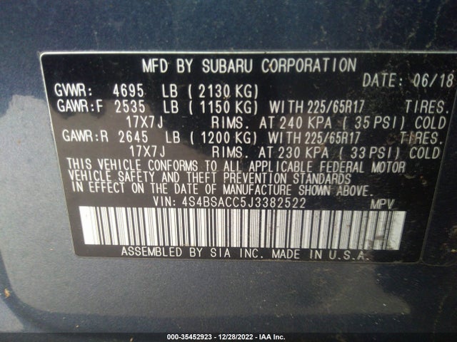 2018 SUBARU OUTBACK PREMIUM VIN: 4S4BSACC5J3382522