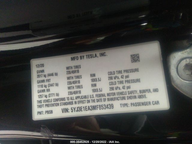 5YJ3E1EA3MF853439 Tesla Model 3 Standard Range Plus