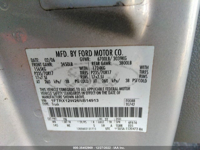 2006 FORD F-150 STX/XLT/XL VIN: 1FTRX12W26NB14913