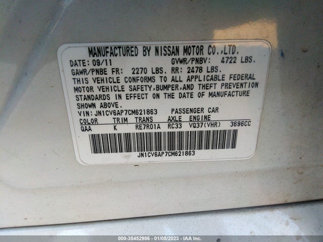 2012 INFINITI G37 SEDAN JOURNEY VIN: JN1CV6AP7CM621863