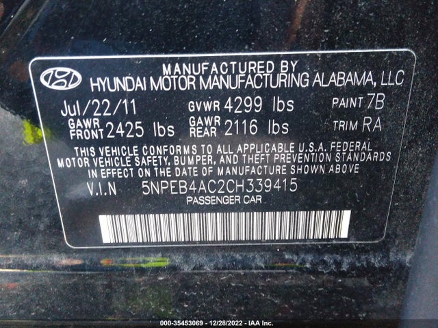 Hyundai Sonata 2012 5NPEB4AC2CH339415 Image 10