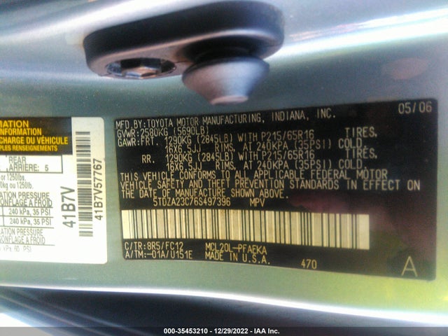 2006 TOYOTA SIENNA CE/LE VIN: 5TDZA23C76S497396
