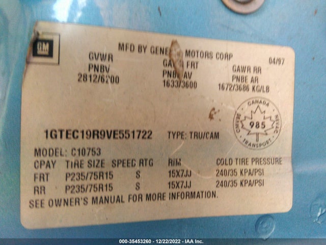 GMC SIERRA 1500 1997 1GTEC19R9VE551722 Image 9