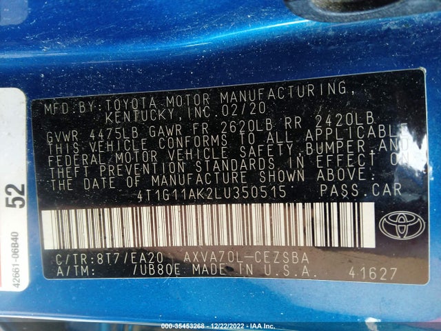 2020 Toyota Camry, VIN: 4T1G11AK2LU350515