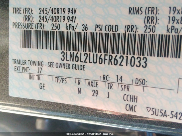 2015 LINCOLN MKZ HYBRID VIN: 3LN6L2LU6FR621033