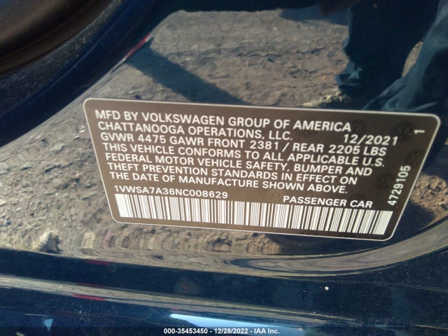 2022 Volkswagen Passat, VIN: 1VWSA7A36NC008629