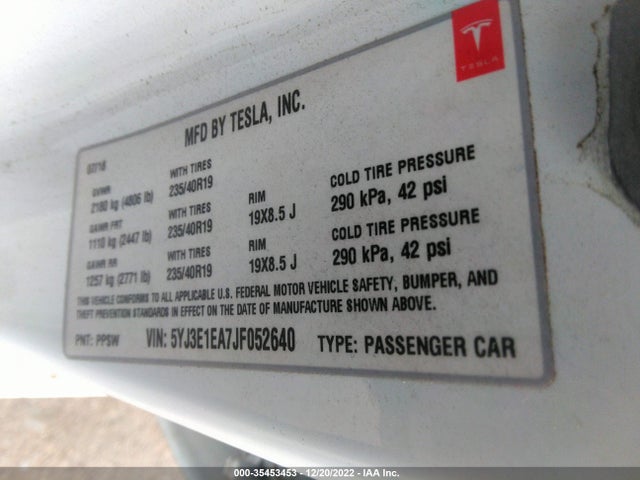 Tesla Model 3 Range Battery 2018 5YJ3E1EA7JF052640 Image 10