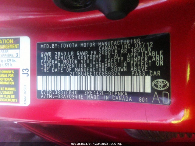 2012 TOYOTA COROLLA L/LE/S VIN: 2T1BU4EE1CC859374