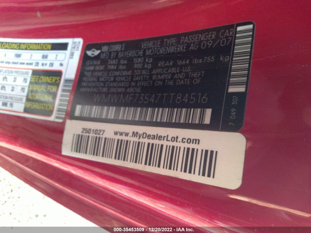Mini Cooper Hardtop S 2007 WMWMF73547TT84516 Image 10