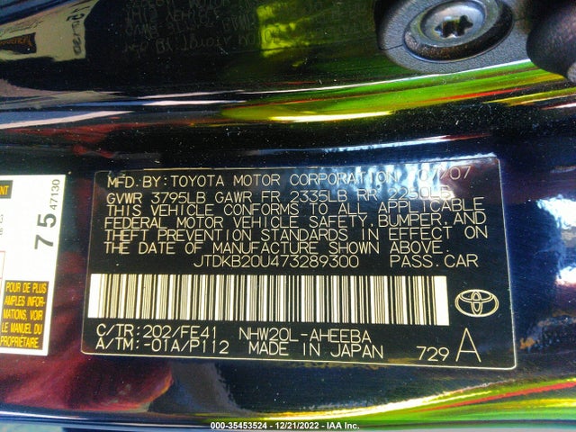 2007 TOYOTA PRIUS VIN: JTDKB20U473289300