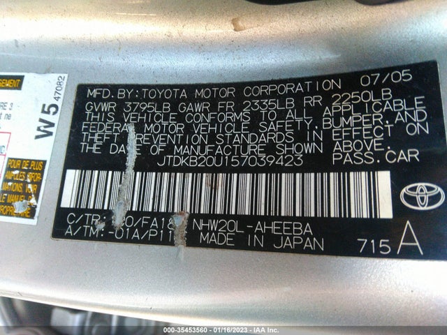 2005 TOYOTA PRIUS VIN: JTDKB20U157039423