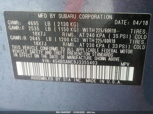 2018 Subaru Outback, VIN: 4S4BSANC9J3355403