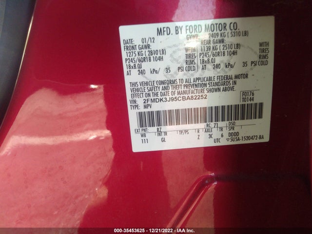 2012 FORD EDGE SEL VIN: 2FMDK3J95CBA82252