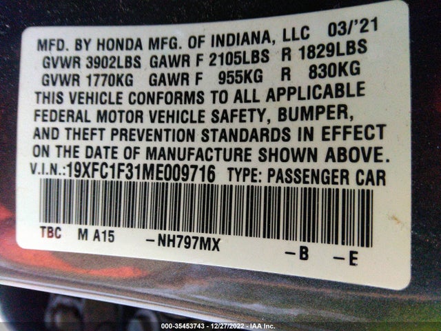 2021 HONDA CIVIC SEDAN EX VIN: 19XFC1F31ME009716