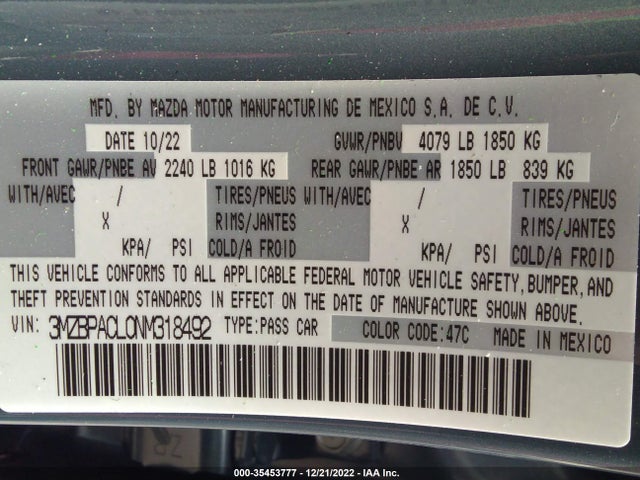 2022 Mazda 3, VIN: 3MZBPACL0NM318492