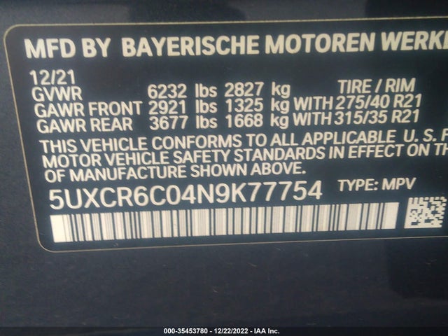 BMW X5 Xdrive40i 2022 5UXCR6C04N9K77754 Image 9