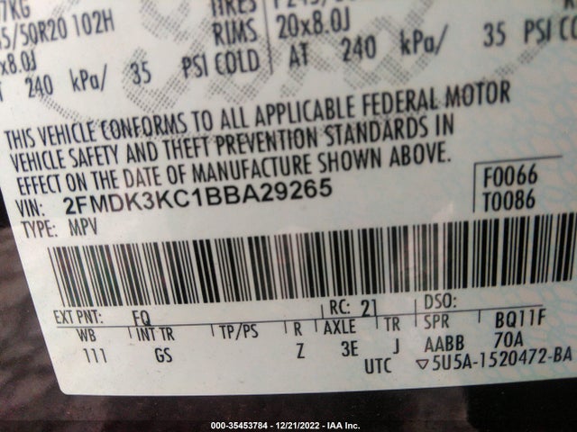 2011 FORD EDGE LIMITED VIN: 2FMDK3KC1BBA29265