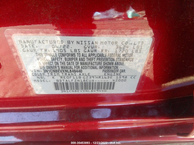 2022 Nissan Versa, VIN: 3N1CN8EVXNL849440