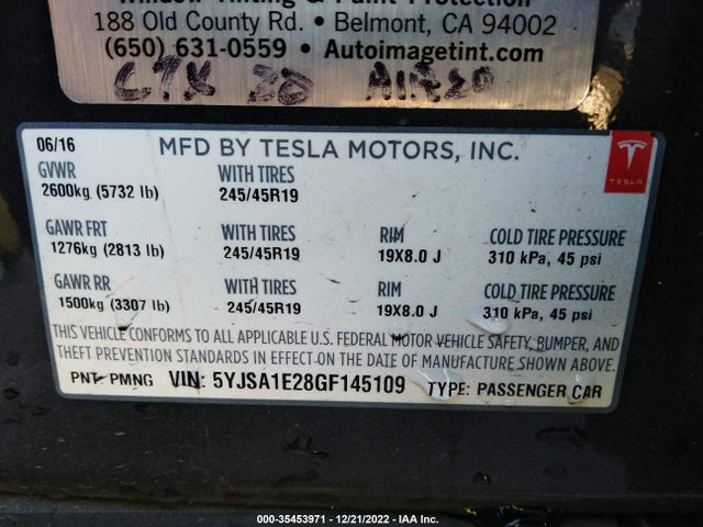 2016 Tesla Model S, VIN: 5YJSA1E28GF145109