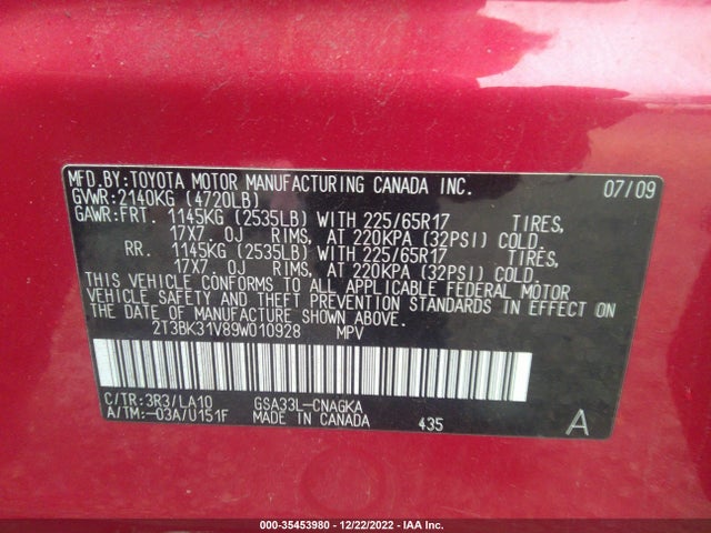 2009 TOYOTA RAV4 LTD VIN: 2T3BK31V89W010928