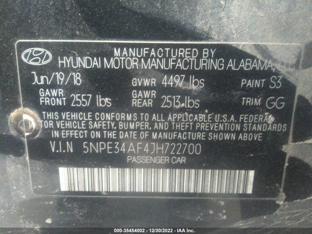 2018 HYUNDAI SONATA LIMITED VIN: 5NPE34AF4JH722700