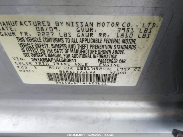 2010 NISSAN SENTRA 2.0 S VIN: 3N1AB6AP1AL603611