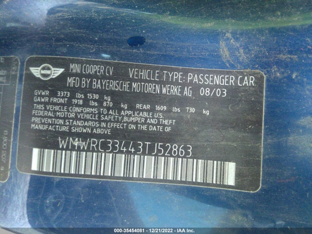 Mini COOPER HARDTOP 2003 WMWRC33443TJ52863 Image 10
