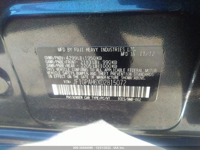 2013 SUBARU IMPREZA WAGON 2.0I LIMITED VIN: JF1GPAH6XD2815072