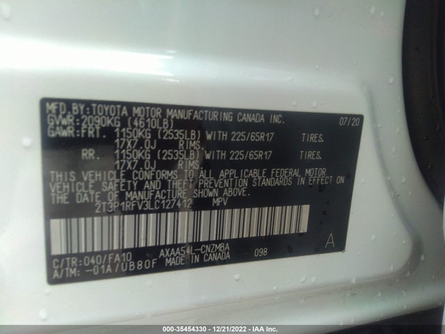 2020 TOYOTA RAV4 XLE VIN: 2T3P1RFV3LC127412
