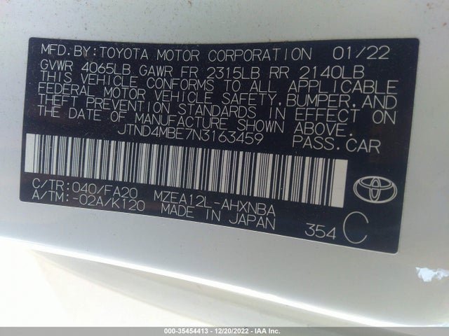 2022 TOYOTA COROLLA HATCHBACK SE/NIGHTSHADE/XSE VIN: JTND4MBE7N3163459