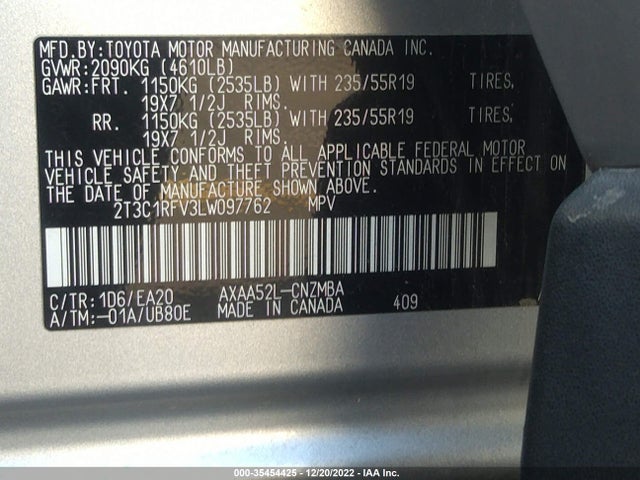 2020 TOYOTA RAV4 XLE PREMIUM VIN: 2T3C1RFV3LW097762
